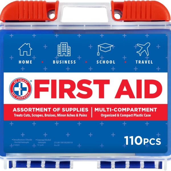Be Smart Get Prepared 110 pc First Aid Kit: Clean, Treat, Protect Minor Cuts, Home, Office, Car, School, Business, Travel, Emergency, Outdoor, Camping & Sports, FSA/HSA (Packaging may vary)