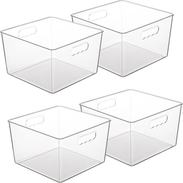 Vtopmart 4 Pack Extra Large Clear Plastic Storage Bins,11x11 Cube Acrylic Organizer Square Containers with Handle for Pantry,Closet,LaundryRoom,Kitchen,Bathroom,UnderSink Organization