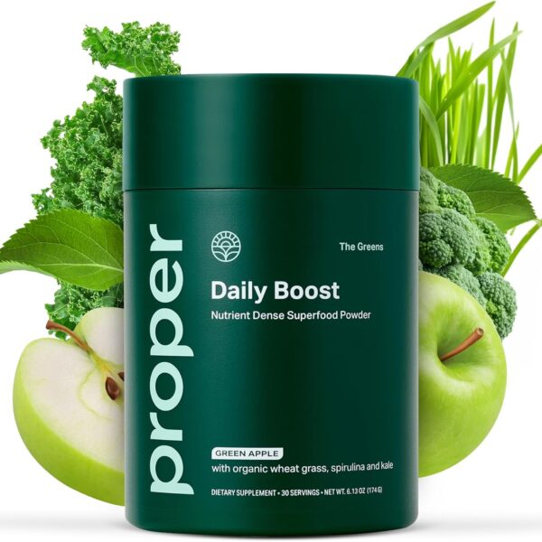 Proper, The Greens Daily Boost Organic Greens Powder. Whole Food, Apple Flavour Veggie Powder Superfood with Wheatgrass, Spirulina, Chlorella, Probiotics. Daily Drink Mix for Wellness and Digestion