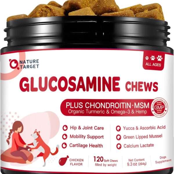 NATURE TARGET Glucosamine for Dogs, Joint Supplement with Chondroitin, MSM, Omega-3, Hemp for Pain Relief, Hip & Joint Chews for Dogs with Calcium for Bone Health, 120 Soft Chews