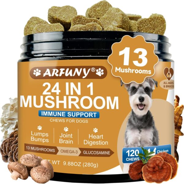 Mushrooms for Dogs - Turkey Tail Mushroom for Dogs - Gut, Skin, Joint, Immune Health- Dog Lumps & Bumps - 13 Organic Mushrooms Turkey Tail, Reishi, Lions Mane, Glucosamine, MSM - Chicken Flavor