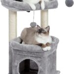PEQULTI Cat Tree Tower for Indoor Cats with Private Cozy Cat Condo, Natural Sisal Scratching Posts and Plush Pom-pom for Small Cats
