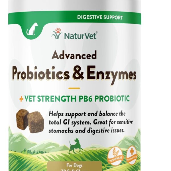 NaturVet Advanced Probiotics & Enzymes, PB6 Dog Soft Chews to Help Sensitive Stomachs and Digestive Issues, Hickory Smoked Bacon Flavored Pet Supplement for Dogs Over 6 Weeks, 70 Count Jar