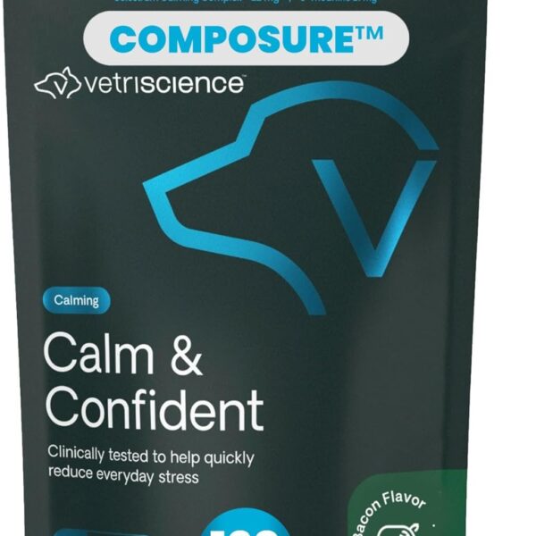 VetriScience Calm & Confident Chews, Composure Clinically Tested Calming and Anxiety Supplement for Dogs, Reduce Stress and Fear, Ideal for Thunderstorms, Fireworks and Travel, Bacon, 120 Count