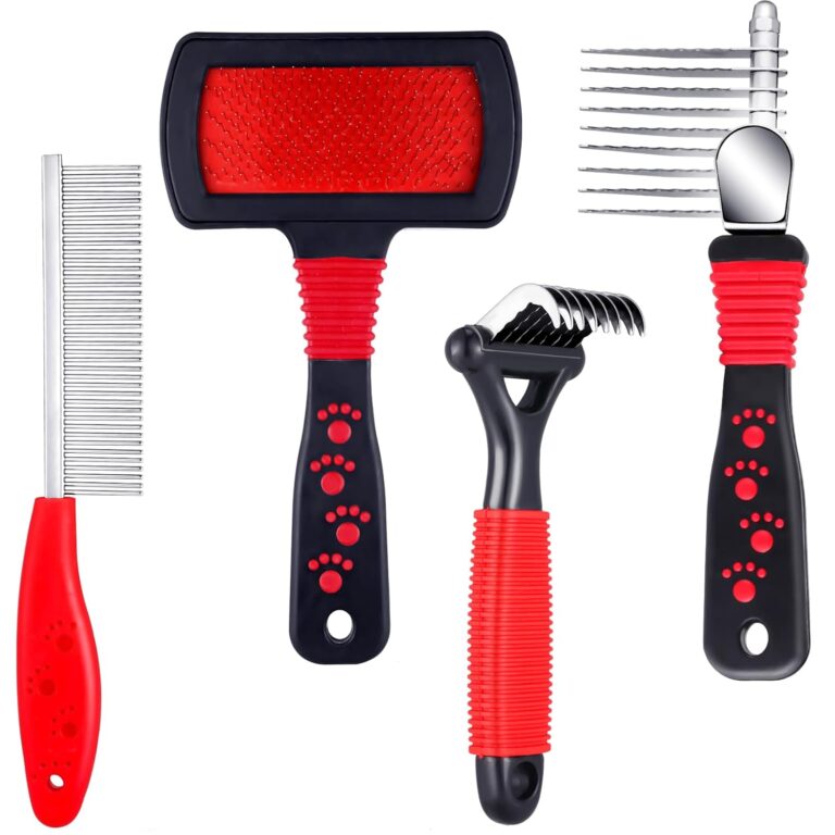 4 Pieces Pet Grooming Kit - Dematting Combs, Slicker Brush, and Steel Comb for Removing Knots and Hair from Dogs, Cats, and Poodles