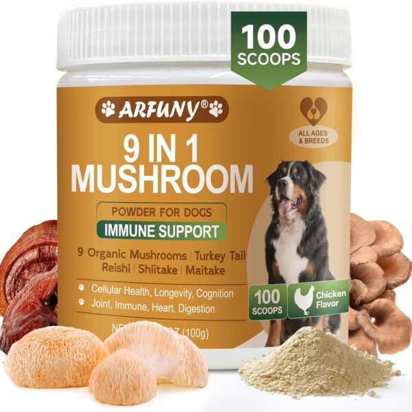 Mushroom for Dogs - Turkey Tail for Dogs - 9 Organic Mushroom Supplement with Turkey Tail, Reishi, Lions Mane - Hip & Joint, Skin & Coat, Digestive, Cellular, Immune Health Support - Chicken Flavor