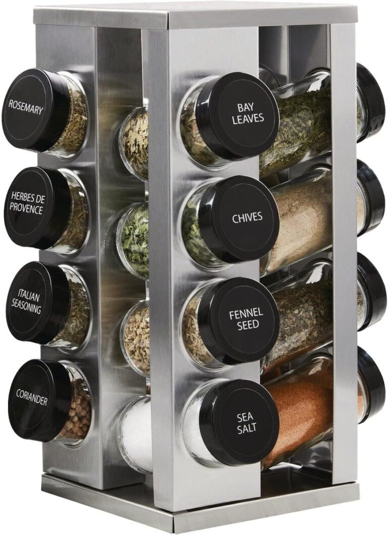 Kamenstein 16 Jar Heritage Revolving Countertop Spice Rack Organizer with Spices Included, FREE Spice Refills for 5 years, Brushed Stainless Steel with Black Caps | Revolving, Organizer, with Spices Included, with Black Caps
