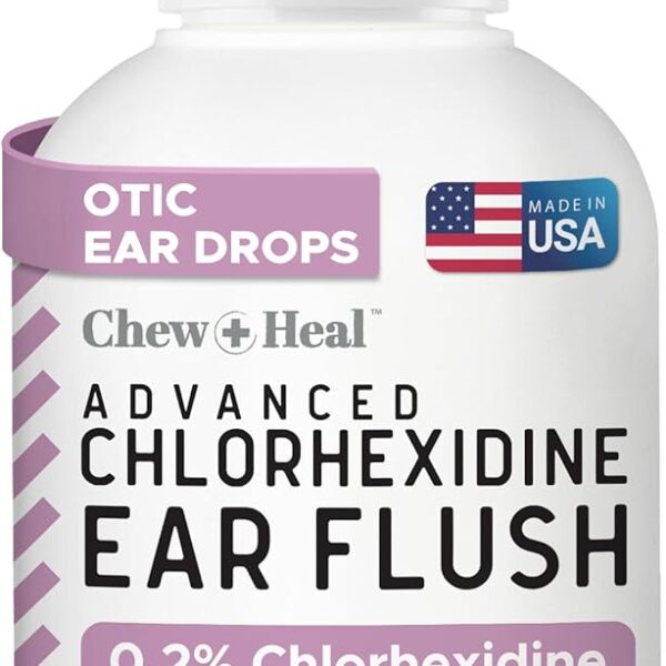 Chew + Heal Labs Dog Ear Cleaner - Medicated Dog Ear Buildup Drops for Dirt and Wax - 4 oz Advanced Flush with Chlorohexidine and Ketoconazole - Made in The USA