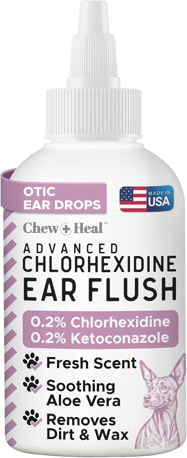 Chew + Heal Labs Dog Ear Cleaner - Medicated Dog Ear Buildup Drops for Dirt and Wax - 4 oz Advanced Flush with Chlorohexidine and Ketoconazole - Made in The USA