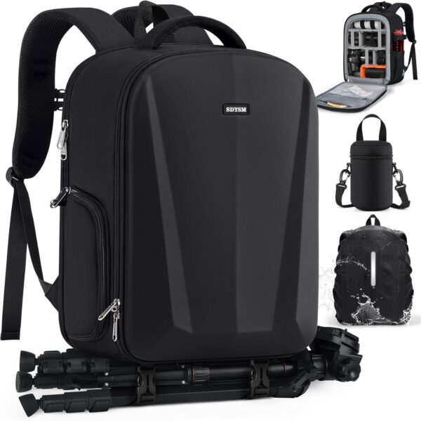 SDYSM Camera Backpack, Hardshell DSLR/SLR Camera Bag with Lens Pouch & 15.6" Laptop Compartment Waterproof Camera Case with Rain Cover Photography Backpack Compatible for Canon/Nikon/Sony/Drone Black
