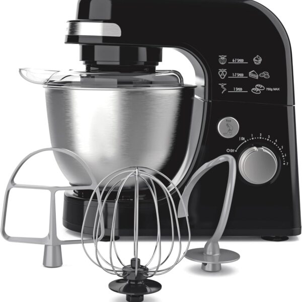 Hamilton Beach Electric Stand Mixer, 4 Quarts, Dough Hook, Flat Beater Attachments, Splash Guard 7 Speeds with Whisk, Black