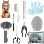 Yaomiao 9 Pcs Dog Grooming Brush Shedding Kit Self Cleaning Slicker Dog Brush Shedding and Flea Comb Nail Clippers and File Pet Grooming Brush with Adjustable Strap Scissors for Cat Pet (Classic