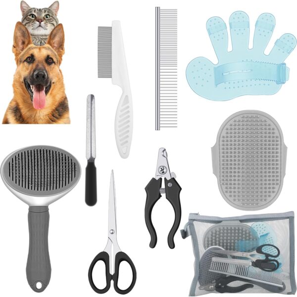 Yaomiao 9 Pcs Dog Grooming Brush Shedding Kit Self Cleaning Slicker Dog Brush Shedding and Flea Comb Nail Clippers and File Pet Grooming Brush with Adjustable Strap Scissors for Cat Pet (Classic