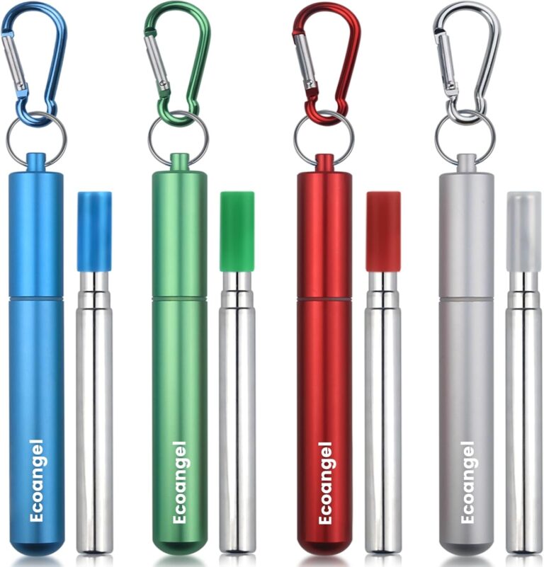 Cruise Ship Essentials,4-Pack reusable Collapsible Stainless Steel Drinking Straws with Aluminum Case,Cleaning Brush,and Keychains-Silver,Blue,Red,Green