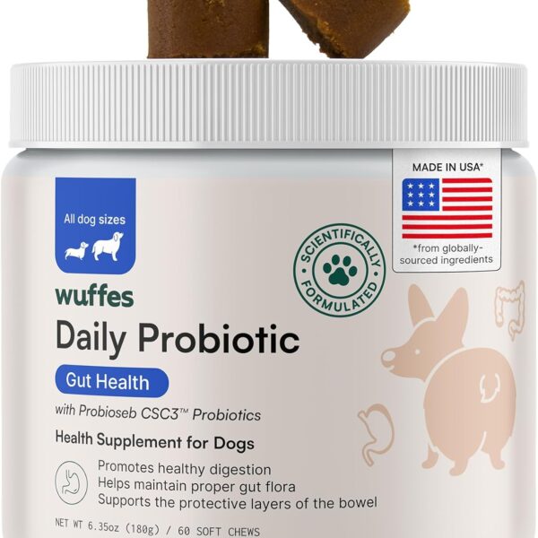 Wuffes Daily Probiotic for Dogs - Supports Digestive Health, Gut Balance, and Immune System - with Prebiotics, Marshmallow Root, and Pumpkin Powder - 60 Soft Chews