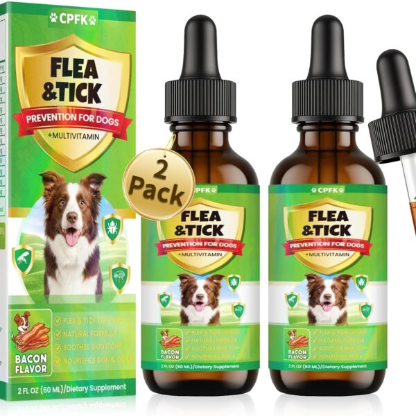 Flea and Tick Prevention for Dogs, 60 ML (2 FL OZ) 2 Pack Natural Oral Flea and Tick Drops for Dogs Containing Multivitamin All Breeds and Sizes Fleas Control for Dog Bacon Flavor