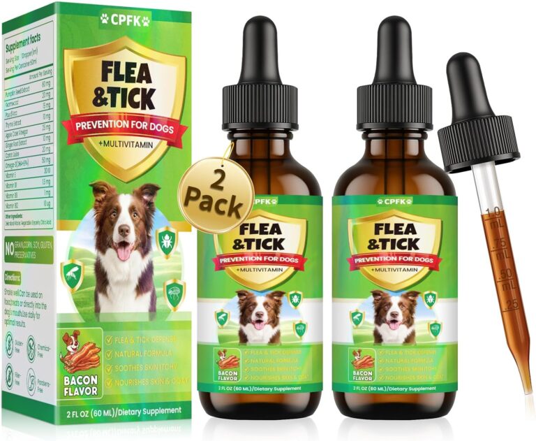 Flea and Tick Prevention for Dogs, 60 ML (2 FL OZ) 2 Pack Natural Oral Flea and Tick Drops for Dogs Containing Multivitamin All Breeds and Sizes Fleas Control for Dog Bacon Flavor