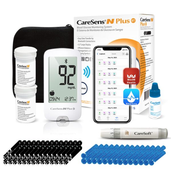 CareSens N Plus Bluetooth Blood Glucose Monitor Kit with 100 Blood Sugar Test Strips, 100 Lancets, 1 Blood Glucose Meter, 1 Lancing Device, Travel Case for Diabetes Testing Kit (Auto-Coding Glucometer kit with 1 Control Solution) for Personal Use