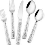 Hammered Silverware Set, 40-Piece Stainless Steel Square Flatware Set for 8, Food-Grade Tableware Cutlery Set, Utensil Sets for Home Restaurant, Mirror Finish, Dishwasher Safe