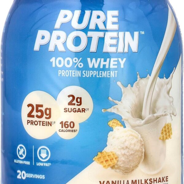 Pure Protein Powder, Whey, High Protein, Low Sugar, Gluten Free, Vanilla Cream, 1.75 lbs