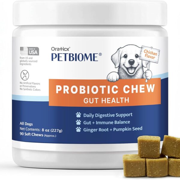 Oraticx PetBiome Probiotic Chew for Dogs - Supports Daily Digestive Health, Gut Balance, and Immune System - with Ginger Root, and Pumpkin Seed - Chicken Flavor, 90 Soft Chews