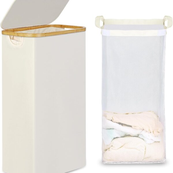 efluky Slim Laundry Basket with Lid, Narrow Laundry Hamper with Removable Bag, Skinny Dirty Clothes Basket with Bamboo Handles for Bathroom, Bedroom & Laundry Room, 75L Beige