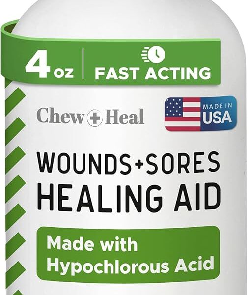 Chew + Heal Labs Hypochlorous Acid Spray for Dogs  Dog Wound Spray for Cuts, Burns, Sores, Abrasions, and More  Non Toxic and Chemical Free HOCI Wound Care  Made in The USA, 4 oz