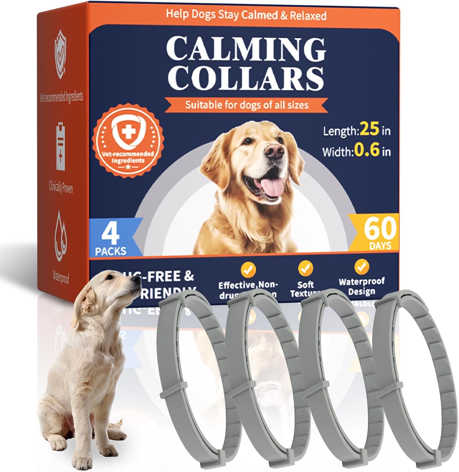 Calming Collar for Dogs - 25 Inches Dog Calming Collars Pheromone Collar for Dogs 60 Days Dog Anxiety Relief - Breakaway Design Dog Calming Adjustable Fit Small Medium Large Dog(4 Packs) Calming Collar for Dogs - 25 Inches Dog Calming Collars Pheromone Collar for Dogs 60 Days Dog Anxiety Relief - Breakaway Design Dog Calming Adjustable Fit Small Medium Large Dog(4 Packs)