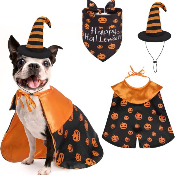 SCENEREAL Dog Halloween Costume-Cloak Bandanas and Witch Hat Set, Funny Pet Pumpkin Print Cape Puppy Holiday Outfits, Cosplay Party Clothes for Small Medium Dogs Large Cats