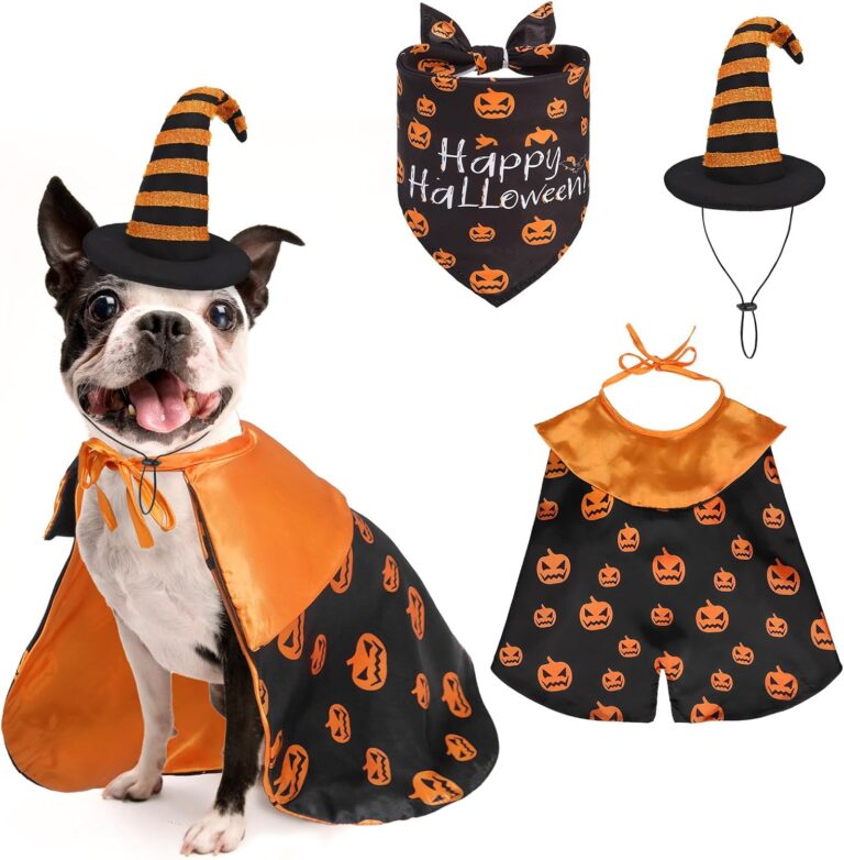 SCENEREAL Dog Halloween Costume-Cloak Bandanas and Witch Hat Set, Funny Pet Pumpkin Print Cape Puppy Holiday Outfits, Cosplay Party Clothes for Small Medium Dogs Large Cats