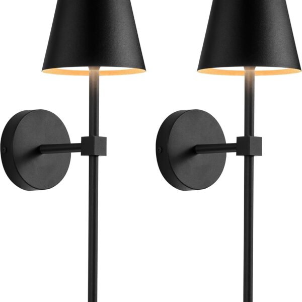 KDG Wireless Wall Sconces Set of 2, Small Cordless 5200mAh Rechargeable Battery LED Wall Lamps, Stepless Dimming Lightings for Wall Painting, Living Room, Bedroom, Hallway, Gifts, Night Light (Black)