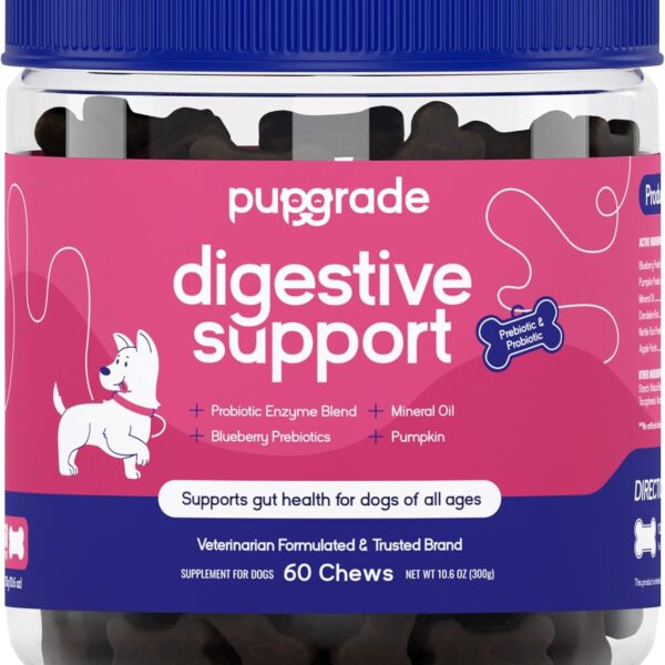 PupGrade Digestive Support Chews for Dogs - Prebiotic and Probiotic Supplement with Enzyme Blend - Upset Stomach, Diarrhea, Bowel, and Immune Support - Pumpkin, Blueberry, Mineral Oil - 60 Soft Chews