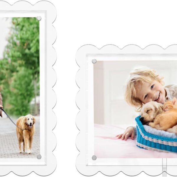 2 Pack of 5 x 7 Clear Acrylic Scalloped Picture Frames, Magnetic Acrylic Closure with Dual Kickstand Holes for Vertical and Horizontal Display, Modern Gift Decor