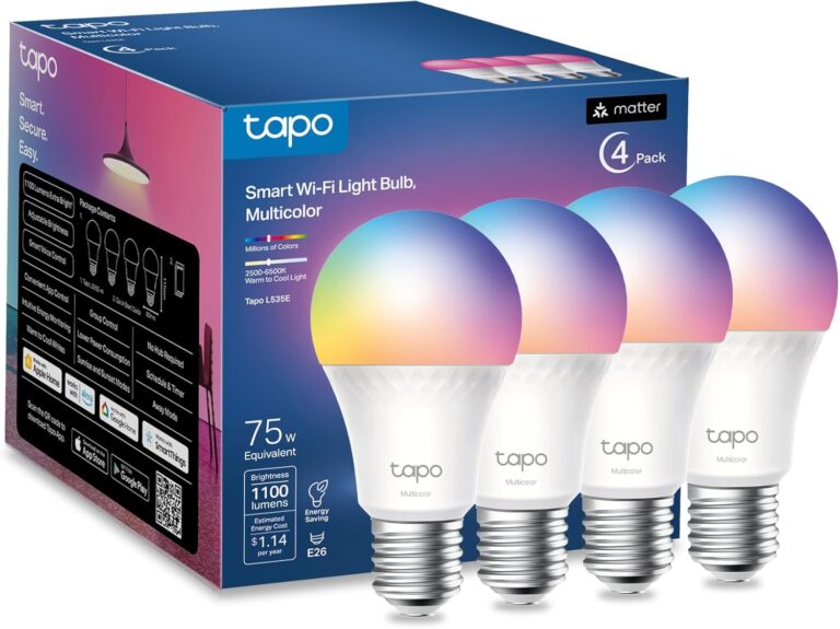 Tapo TP-Link Smart Light Bulbs, 1100 Lumens High Brightness (75W Equivalent), Matter-Certified, 16M Colors WiFi Light Bulb, Dimmable, Works w/Siri, Alexa & Google Home, A19 E26, L535E(4-Pack)