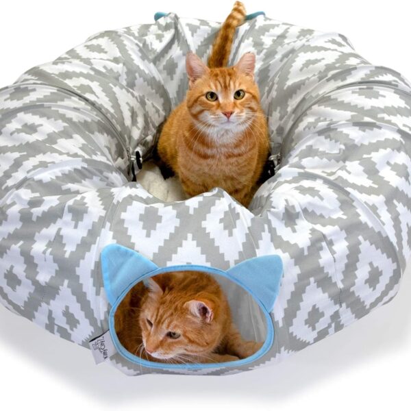 Kitty City Large Cat Tunnel Bed, 2-in-1 Zip-Together Cat Play Tunnel & Plush Nap Bed, Pop-Up Indoor Cat Toy with Hanging Toys, Collapsible Design - White