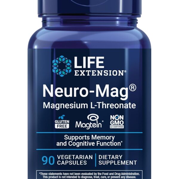 Life Extension Neuro-Mag Magnesium L-Threonate, Memory Health, Quick Thinking, Cognitive Health Support, Vegetarian, Non-GMO, 90 Vegetarian Capsules (144 mg from 2000 mg Magtein magnesium L-threonate