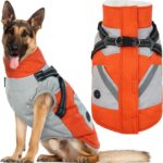 IECOii Dog Coat for Large Dogs, Orange, X-Large - Waterproof Winter Fleece Jacket with Harness, Turtleneck, Reflective Straps, Zipper Closure