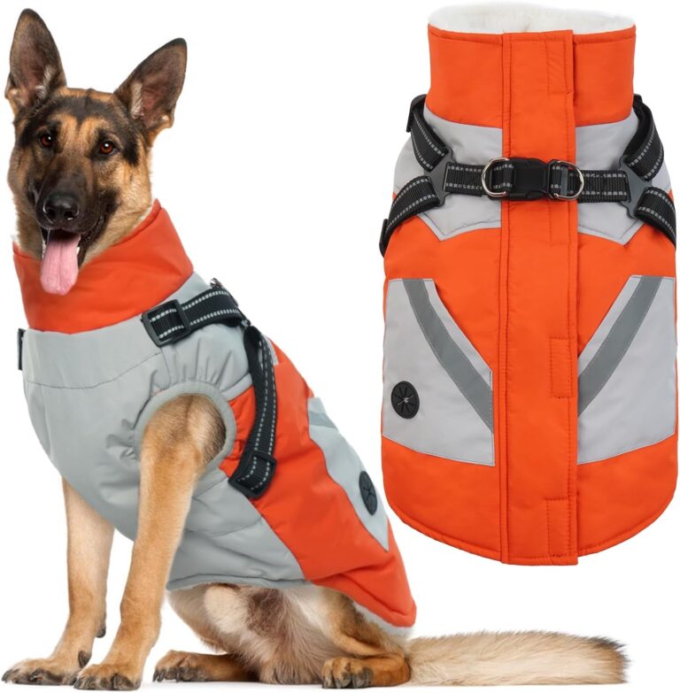 IECOii Dog Coat for Large Dogs, Orange, X-Large - Waterproof Winter Fleece Jacket with Harness, Turtleneck, Reflective Straps, Zipper Closure
