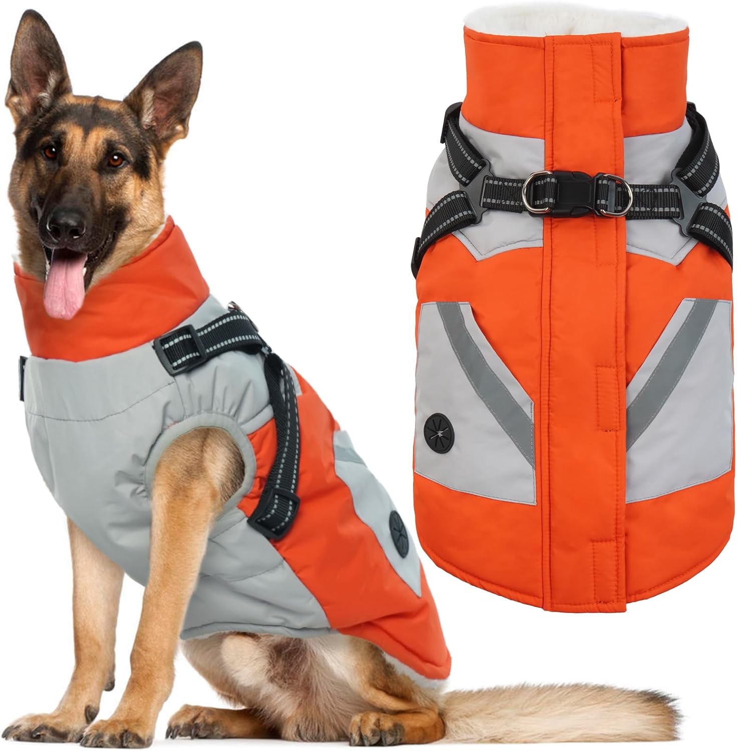 IECOii Dog Coat for Large Dogs, Orange, X-Large - Waterproof Winter Fleece Jacket with Harness, Turtleneck, Reflective Straps, Zipper Closure IECOii Dog Coat for Large Dogs, Orange, X-Large - Waterproof Winter Fleece Jacket with Harness, Turtleneck, Reflective Straps, Zipper Closure
