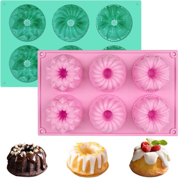 HUAKENER 2 Pcs Mini Fluted Cake Pan, 6-Cavity Fluted Tube Cake Pan, Non-stick Silicone Baking Mold for Cupcakes, Donuts, Cornbread, Brownies, Jellies