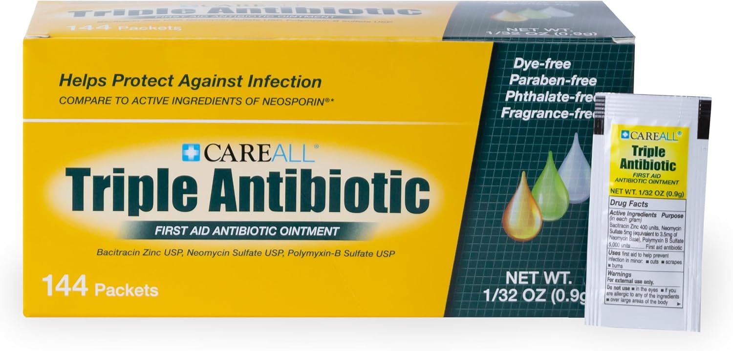 CareAll Triple Antibiotic Ointment (144 Pack), 0.9gr Foil Packet. First Aid Ointment That Prevents Infection in Minor Cuts, Scrapes, and Burns CareAll Triple Antibiotic Ointment (144 Pack), 0.9gr Foil Packet. First Aid Ointment That Prevents Infection in Minor Cuts, Scrapes, and Burns