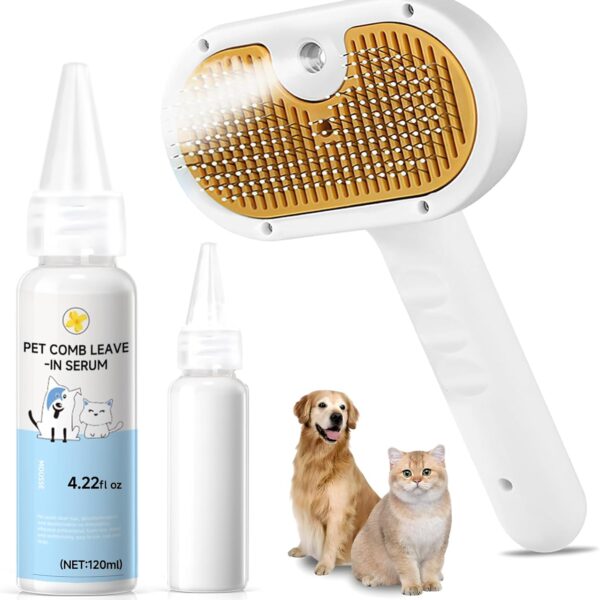 Pet Steam Brush for Dog & Cat  3-in-1 Spray Hair Removal Comb for Shedding & Grooming, Softens Fur & Reduces Static  Water Brush for Long & Short Coats, Bath-Hating Pets, Includes Waterless Shampoo