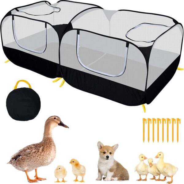 Small Animal Playpen, Portable Chicken Run Coop with Detachable Bottom and Breathable Mesh Walls, Foldable Pet Enclosure for Puppy Kitten Rabbits, Pet Tent Indoor Outdoor