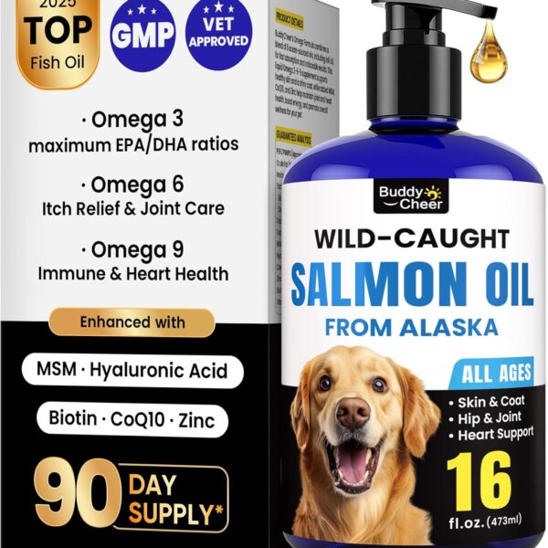 Wild Alaskan Salmon Oil for Dogs & Cats  Fast-Absorbing Fish Oil for Dogs with Krill Oil, Omega 3 6 9 Fish Oil Supplement from 8 Deep Sea Fishs for Skin, Coat, Joints & Heart -16oz (90 Day Supply)