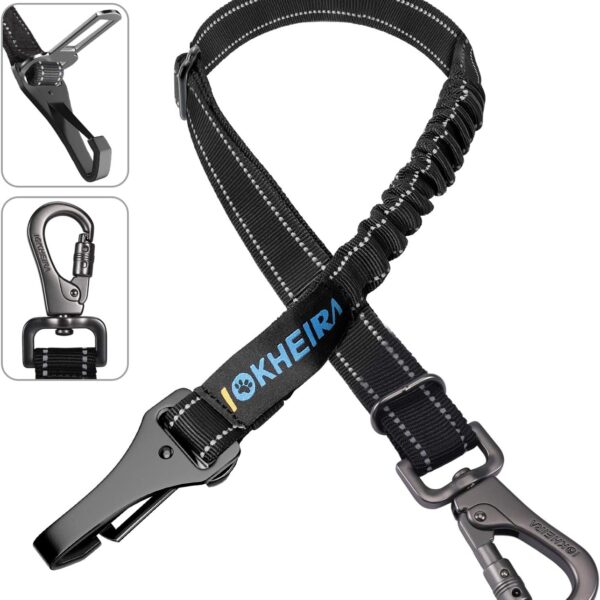 Dog Seat Belt 3-in-1 Car Harness for Dogs Adjustable Safety Seatbelt for Car Nylon Reflective Bungee Fabric Dog Car Harness with Clip Hook Latch & Buckle, Swivel Zinc Alloy Carabiner (Black)