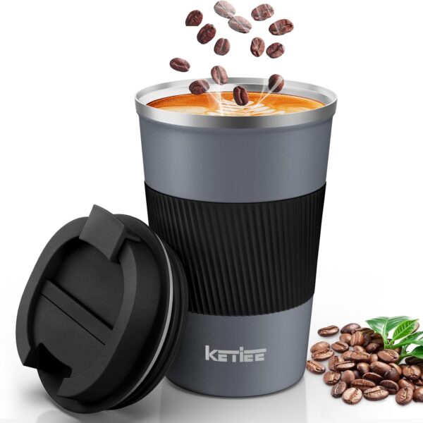 KETIEE Travel Coffee Mug Spill Proof 12oz, Insulated Reusable Coffee Cups with Seal Lid, Vacuum Stainless Steel Travel Mug to Go Car Tumbler for Hot/Ice Drinks (Grey)