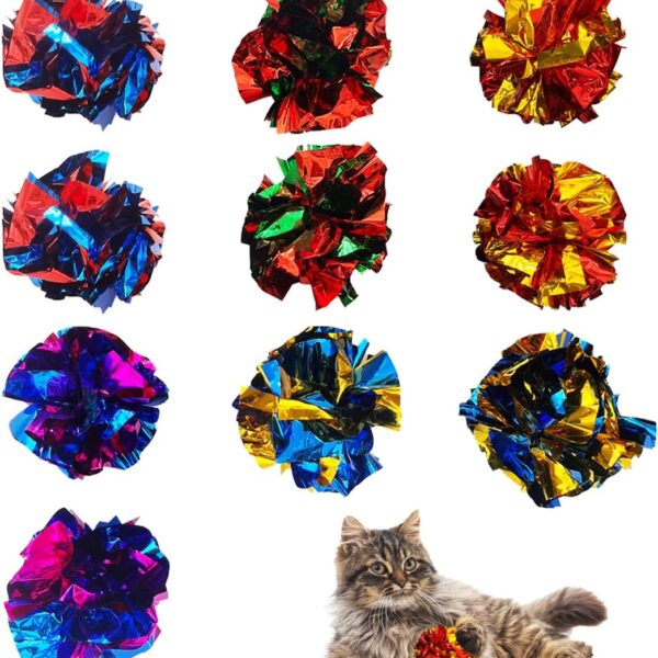Cat Crinkle Ball Toys 10 Packs for Indoor Cats to Kill Time and Keep Fit, 2.3 Inch Colorful Mylar Crinkle Balls Attract Cats to Swat, Bite, Hunt, Interactive Toys for Cats and Kittens