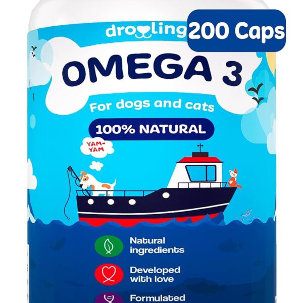 Omega 3 for Dogs and Cats 1000mg  200 Fish Oil Fatty Acids Capsules (180mg EPA + 120mg DHA)  Supplement for Skin and Coat Itch Relief and Immune System