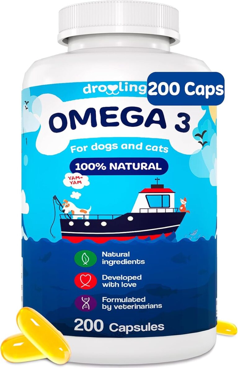 Omega 3 for Dogs and Cats 1000mg  200 Fish Oil Fatty Acids Capsules (180mg EPA + 120mg DHA)  Supplement for Skin and Coat Itch Relief and Immune System