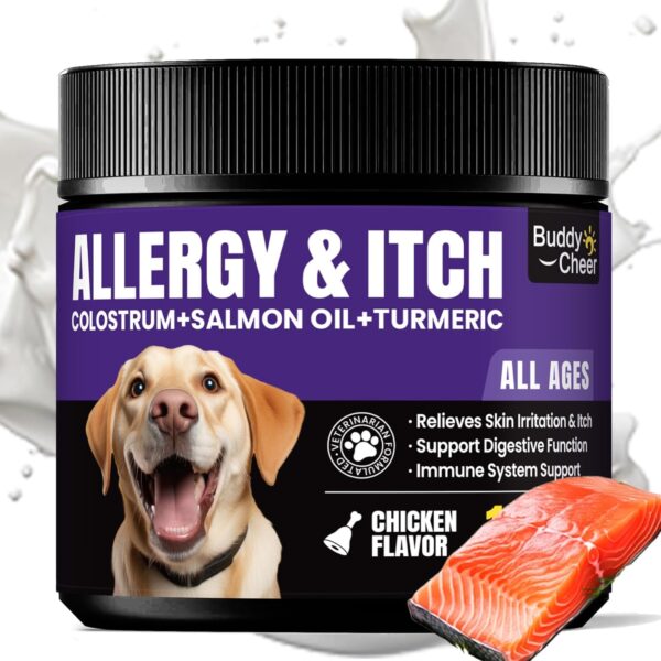 Dog Allergy Immune Chews  Itch Relief for Hot Spots, Dry Skin, Seasonal Allergies  with Fish Oil, Colostrum & Probiotic  180ct Supplement